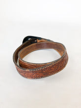 Load image into Gallery viewer, Vintage 70s Cognac Tooled Leather Belt with Brass Steer Buckle
