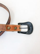 Load image into Gallery viewer, Vintage 70s Cognac Tooled Leather Belt with Brass Steer Buckle