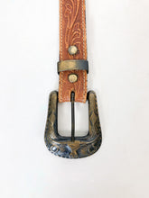 Load image into Gallery viewer, Vintage 70s Cognac Tooled Leather Belt with Brass Steer Buckle