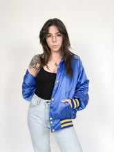Load image into Gallery viewer, Vintage 80s Blue Satin Bomber Jacket