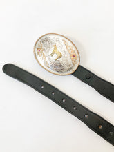 Load image into Gallery viewer, Montana Silversmiths Engraved Western Horse Buckle with Gold Rope and Rhinestones on Leather Belt