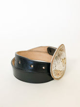 Load image into Gallery viewer, Montana Silversmiths Engraved Western Horse Buckle with Gold Rope and Rhinestones on Leather Belt