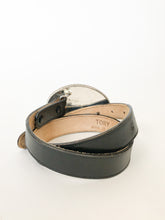Load image into Gallery viewer, Montana Silversmiths Engraved Western Horse Buckle with Gold Rope and Rhinestones on Leather Belt