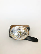 Load image into Gallery viewer, Montana Silversmiths Engraved Western Horse Buckle with Gold Rope and Rhinestones on Leather Belt