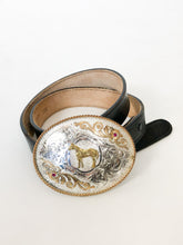 Load image into Gallery viewer, Montana Silversmiths Engraved Western Horse Buckle with Gold Rope and Rhinestones on Leather Belt