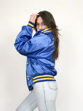 Load image into Gallery viewer, Vintage 80s Blue Satin Bomber Jacket