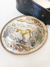 Load image into Gallery viewer, Montana Silversmiths Engraved Western Horse Buckle with Gold Rope and Rhinestones on Leather Belt