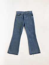 Load image into Gallery viewer, Vintage 60s/70s Gandy Dancer Mid Rise Raw Hem Flared Jeans Waist 29”