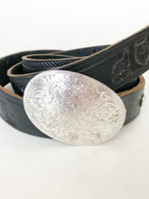 Load image into Gallery viewer, Montana Silversmiths Engraved Western Buckle with Etched Trim on Leather Belt
