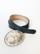 Load image into Gallery viewer, Montana Silversmiths Engraved Western Horse Buckle with Gold Rope and Rhinestones on Leather Belt