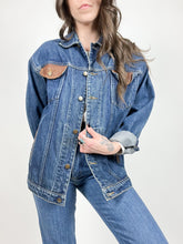 Load image into Gallery viewer, Vintage Leather Trim Denim Jacket
