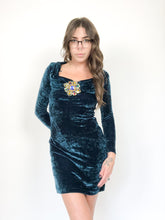 Load image into Gallery viewer, Vintage 80s L’atlier Dark Teal Blue Crushed Velvet Mini Dress
