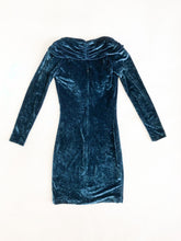 Load image into Gallery viewer, Vintage 80s L’atlier Dark Teal Blue Crushed Velvet Mini Dress
