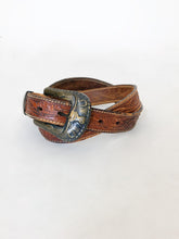 Load image into Gallery viewer, Vintage 70s Cognac Tooled Leather Belt with Brass Steer Buckle
