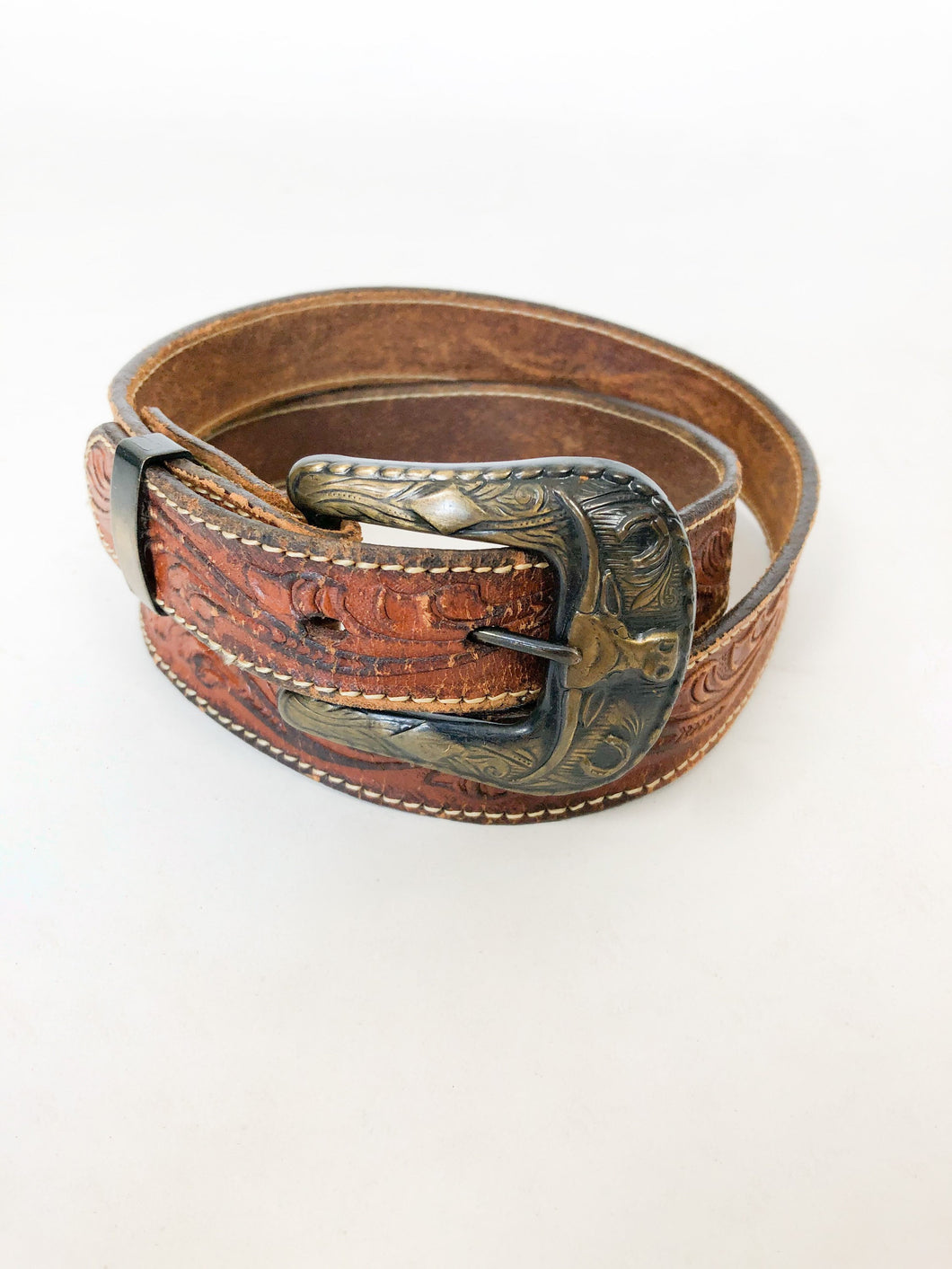 Vintage 70s Cognac Tooled Leather Belt with Brass Steer Buckle