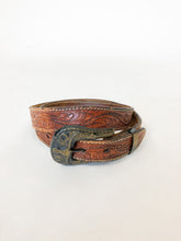 Load image into Gallery viewer, Vintage 70s Cognac Tooled Leather Belt with Brass Steer Buckle
