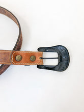 Load image into Gallery viewer, Vintage 70s Cognac Tooled Leather Belt with Brass Steer Buckle
