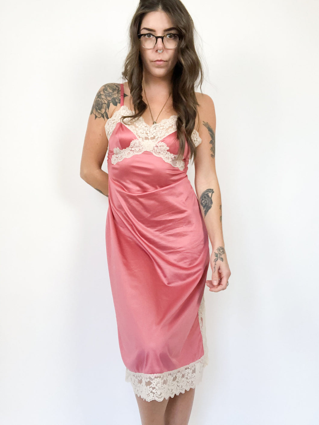 Vintage 70s Van Raalte Pink Silky Nylon Slip Dress with Lace Trim