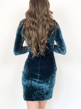 Load image into Gallery viewer, Vintage 80s L’atlier Dark Teal Blue Crushed Velvet Mini Dress
