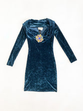 Load image into Gallery viewer, Vintage 80s L’atlier Dark Teal Blue Crushed Velvet Mini Dress
