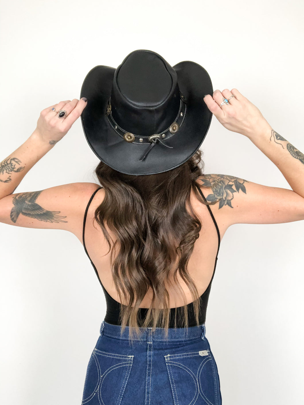 Black Leather Brass Concho Cowboy Hat