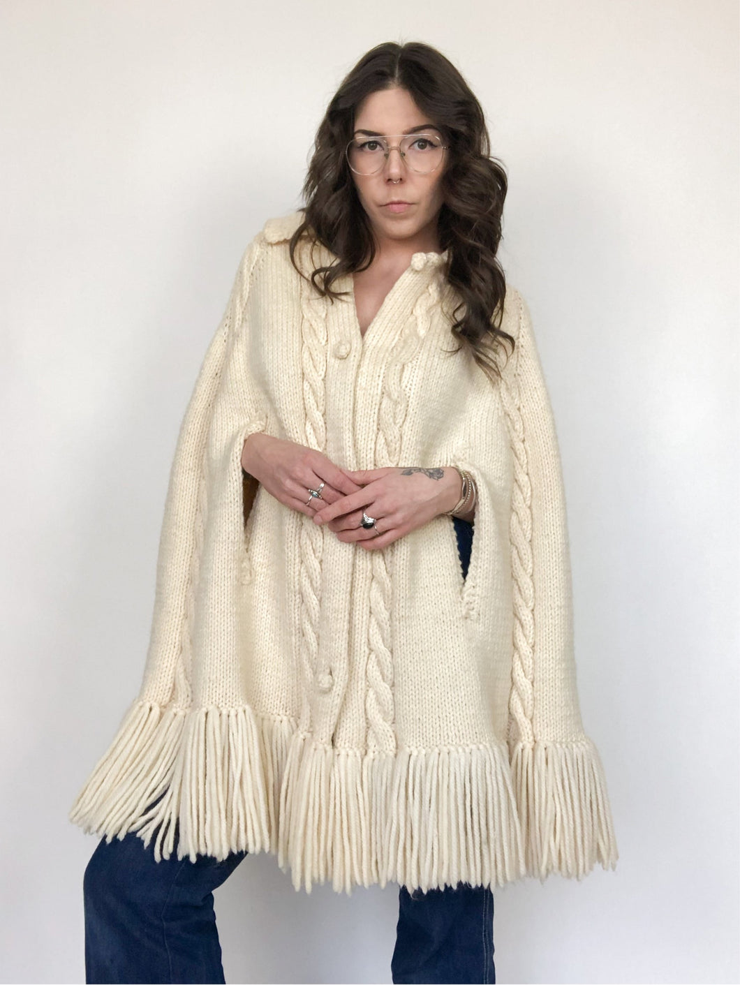 Vintage 70s Hand Knit Fringe Poncho