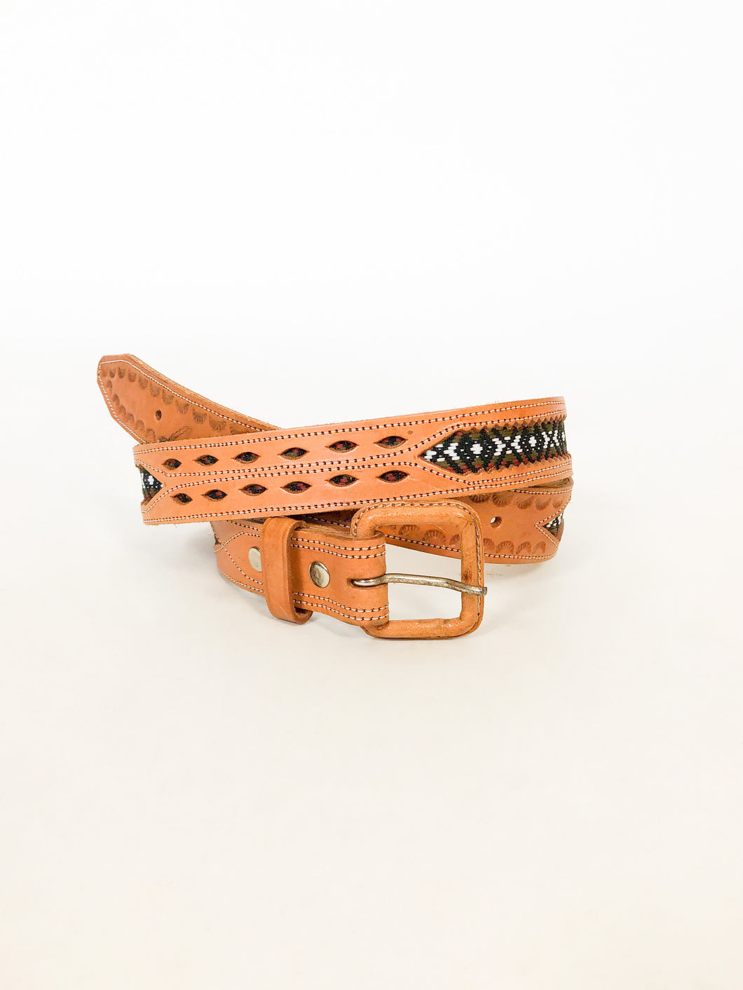 Vintage Tooled Leather and Woven Fabric Belt