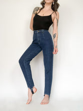 Load image into Gallery viewer, Vintage 80s/90s LizWear Dark Wash High Rise Stirrup Jeans Waist 24/25”
