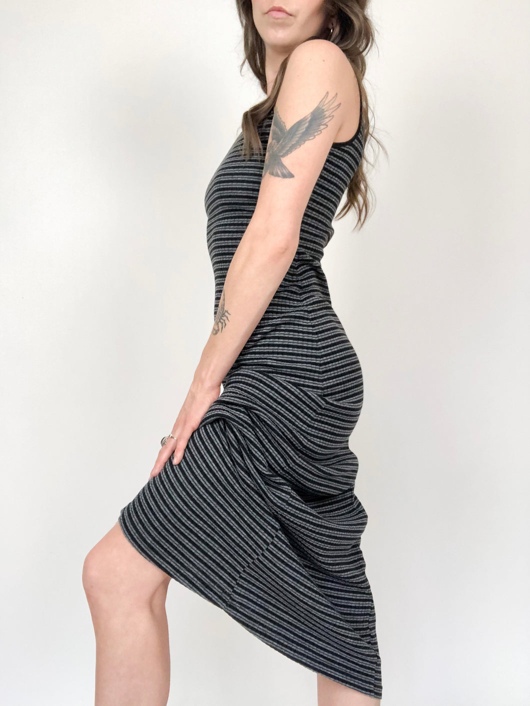 Vintage 90s Le Château Grey Striped Sleeveless Maxi Dress