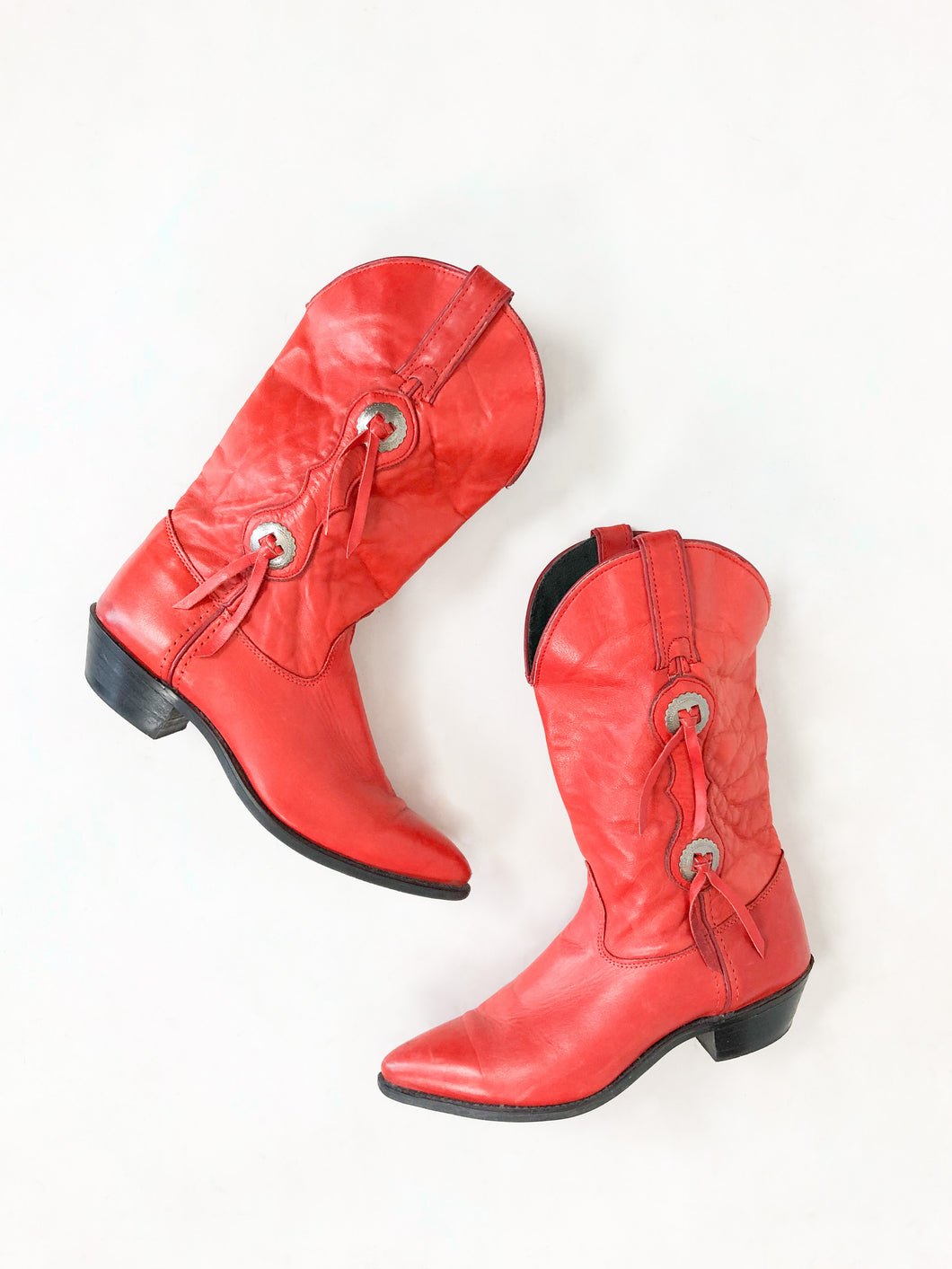 Vintage 80s Capezio Red Leather Concho Cowboy Boots Size 9