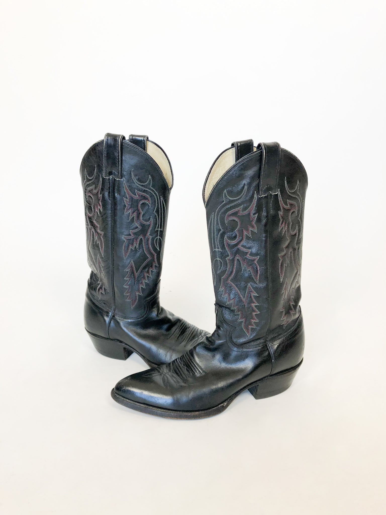 1980s Black Cowboy Boots White Stiching Justin Mens Size 