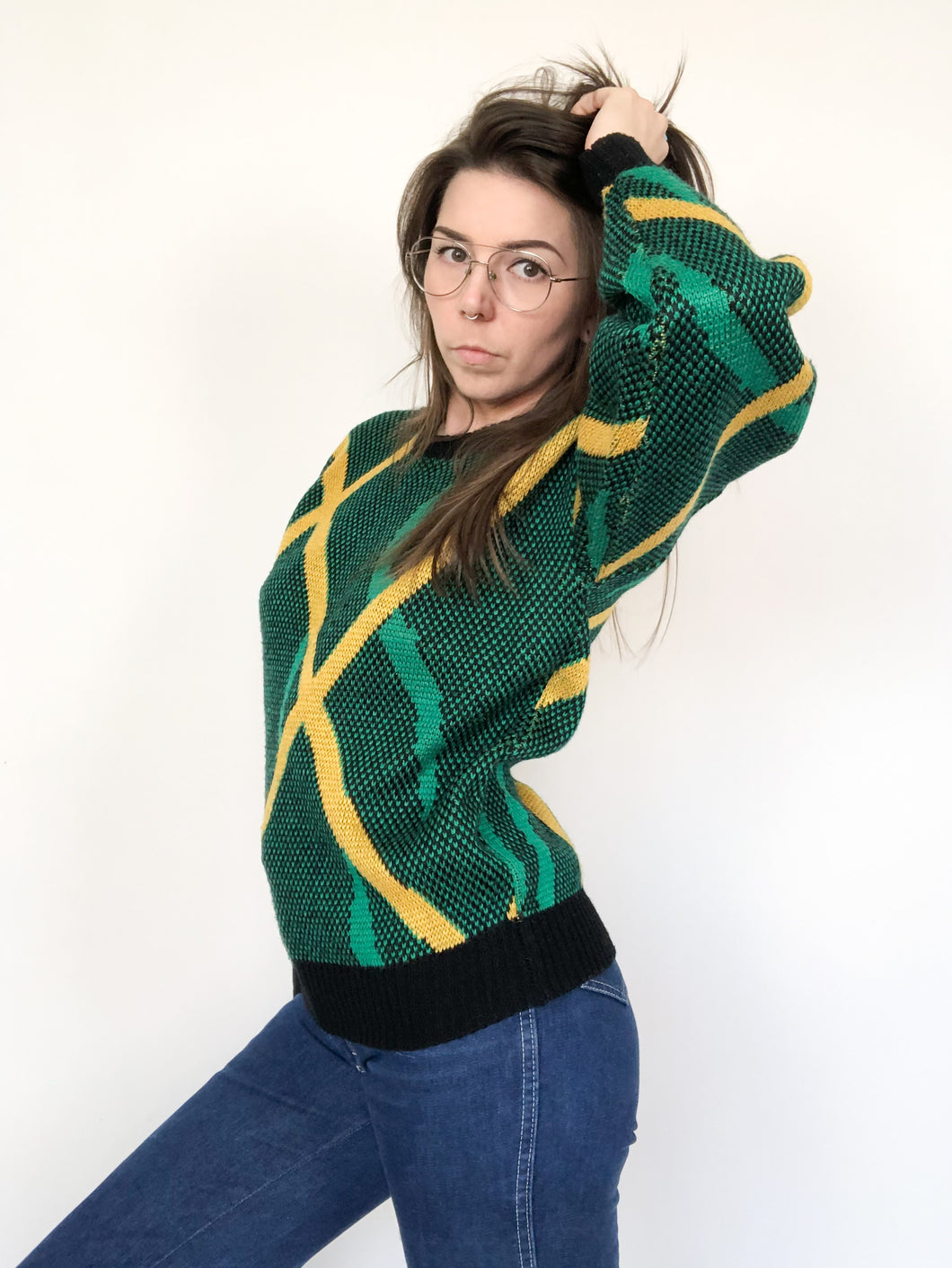 Vintage 80s Green and Yellow Abstract Sweater