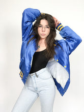 Load image into Gallery viewer, Vintage 80s Blue Satin Bomber Jacket
