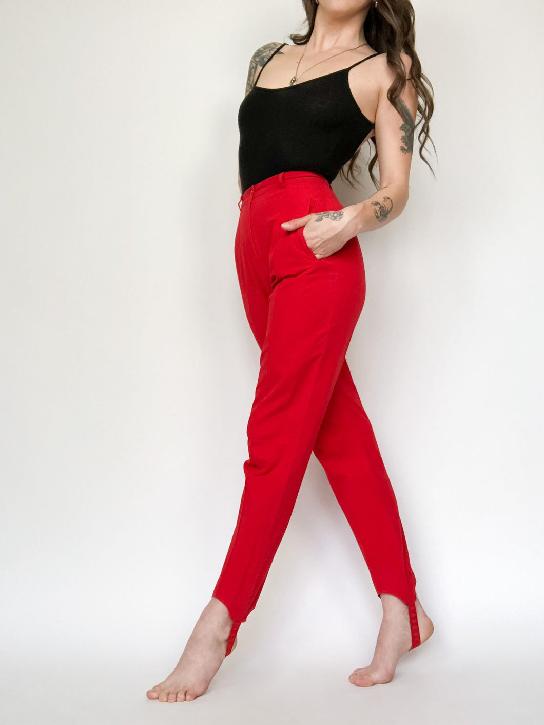 Vintage 80s/90s Liz Claiborne Cherry Red Stirrup Trousers Waist 24/25”