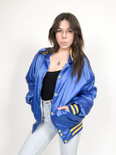 Load image into Gallery viewer, Vintage 80s Blue Satin Bomber Jacket
