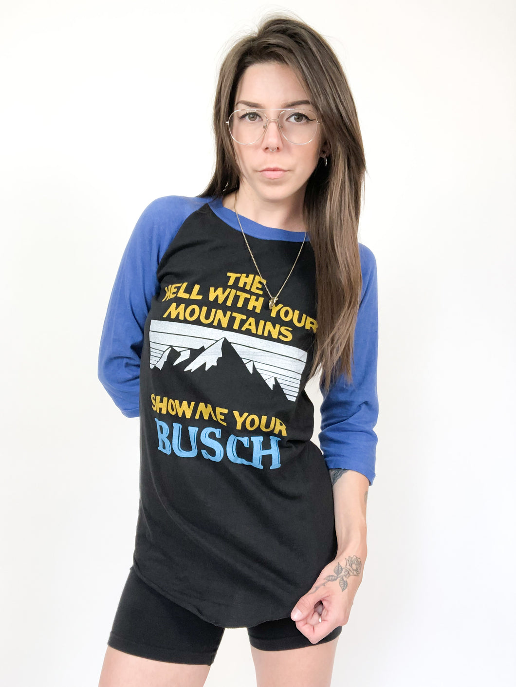 Vintage 80s Busch ‘The Hell With Your Mountains Show Me Your Busch’ Raglan Baseball Tee Size S