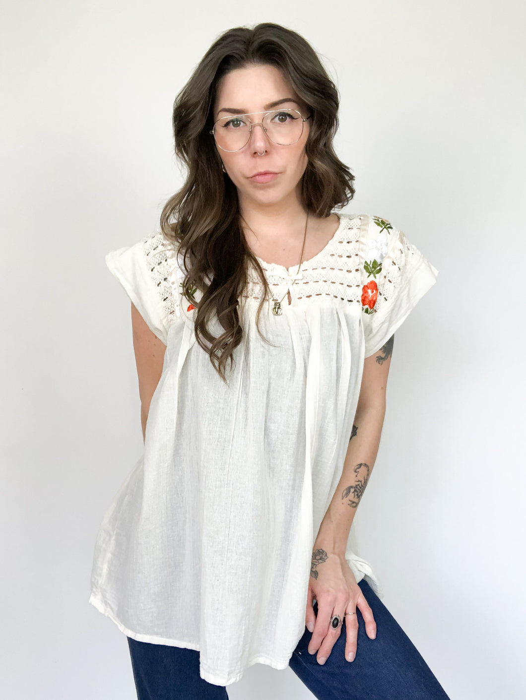 Vintage Embroidered Floral Crochet and Linen Top