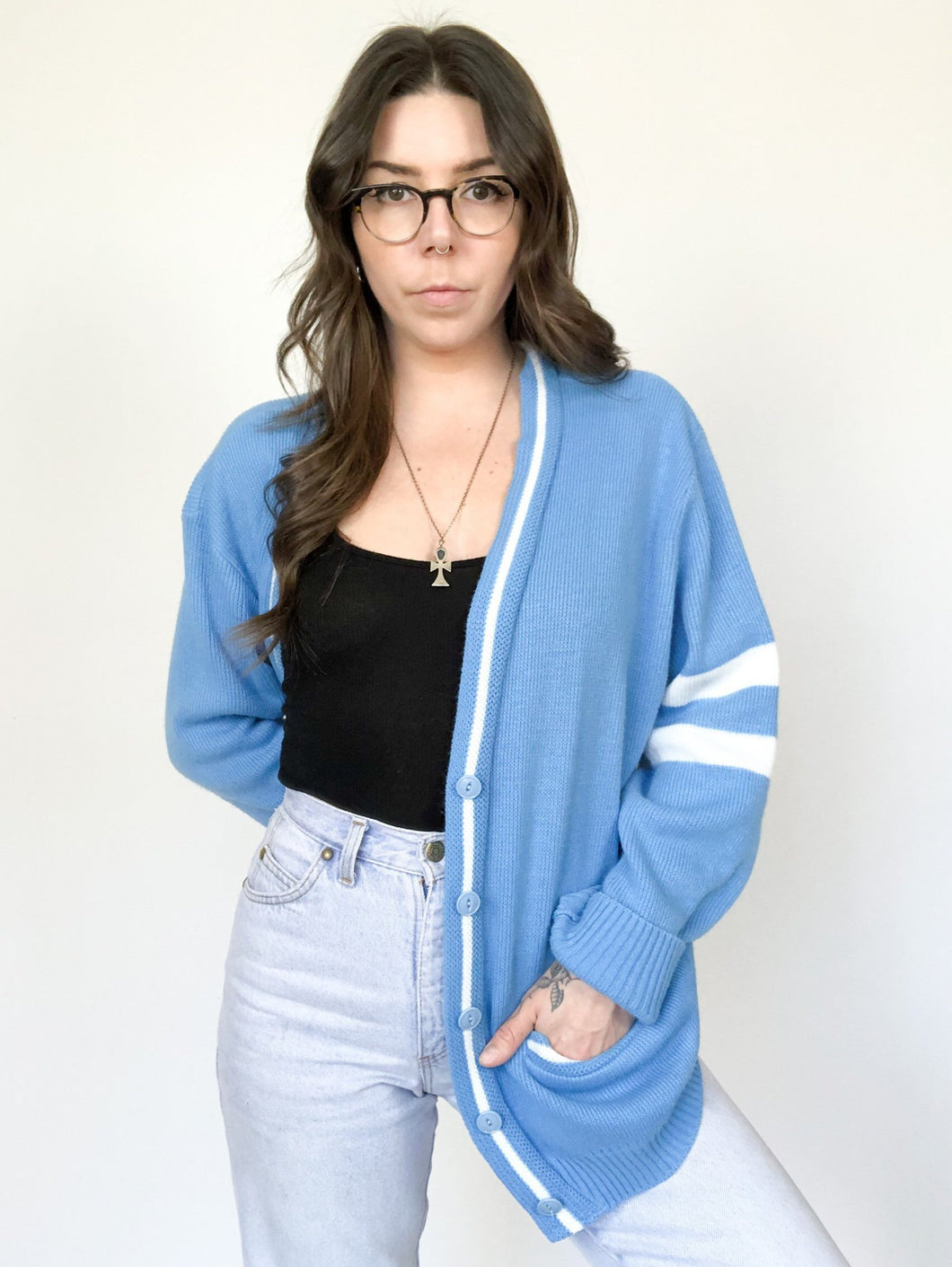 Vintage 70s Blue and White Striped College Cardigan