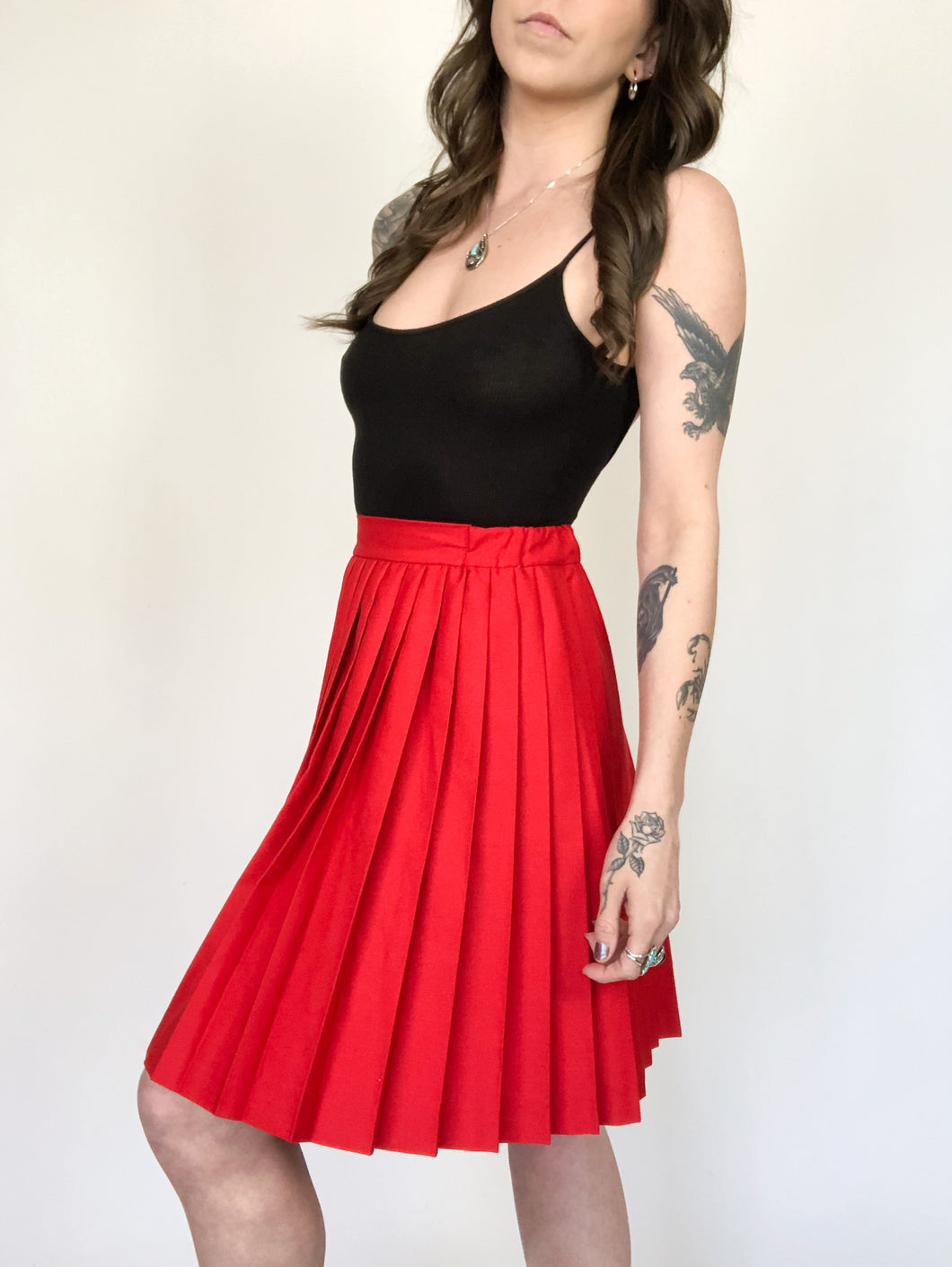 Vintage 80s Red Pleated Skirt Waist 27”/28”