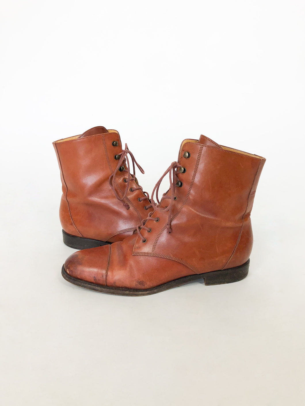 Vintage 90s Brown Leather Lace Up Booties Size 38.5