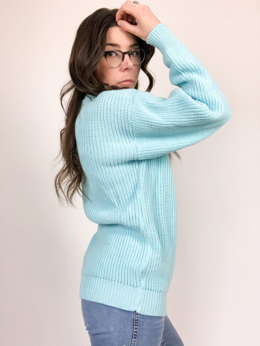 Vintage 80s Light Blue Knit Pullover Sweater