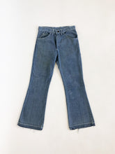 Load image into Gallery viewer, Vintage 60s/70s Gandy Dancer Mid Rise Raw Hem Flared Jeans Waist 29”
