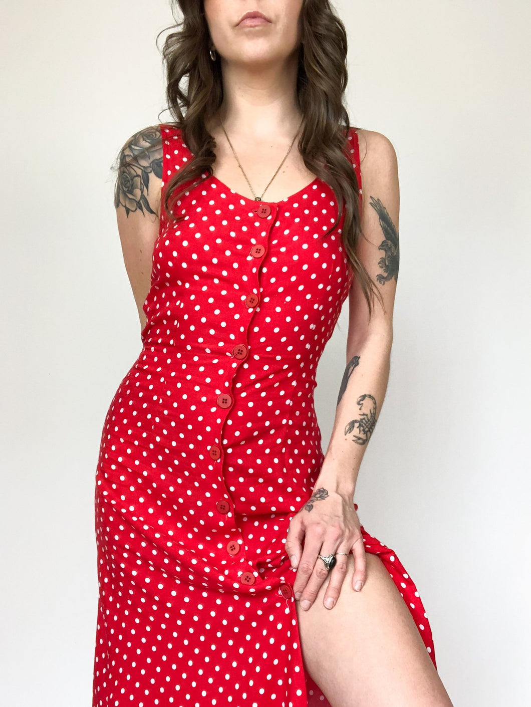 Vintage 90s Smart Set Red & White Polka Dot Maxi Dress