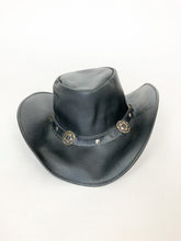 Load image into Gallery viewer, Black Leather Brass Concho Cowboy Hat

