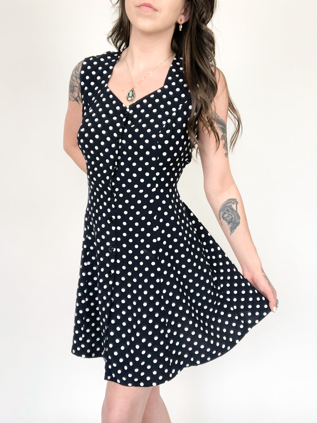 Vintage 90s Navy and White Polka Dot Dress